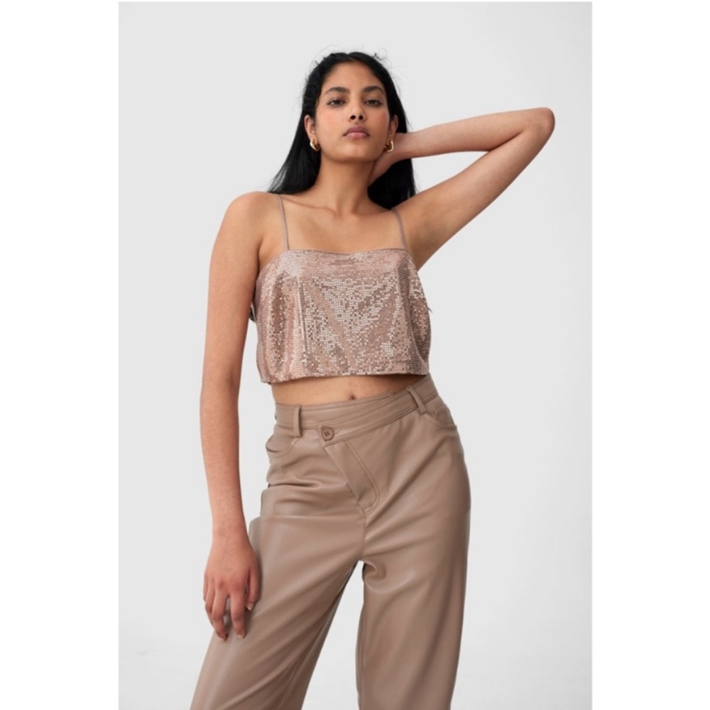 C/MEO Collective “After Dark” Sequin Crop Top NWT XS 0-2 Rose Gold party holiday